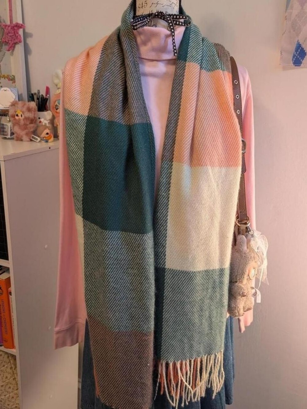 Plaid Oversized Fringed Scarf - Pink, Green, Cream